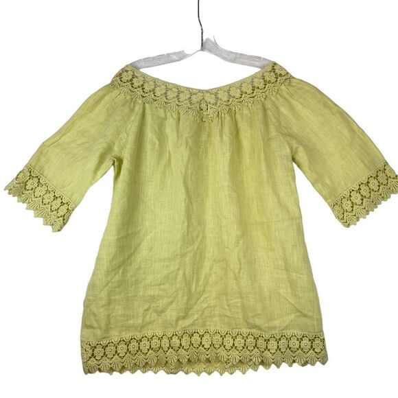 PIAZZA ROMA 100%‎ Linen Pale Yellow Tunic Crochet Details Size Small From Italy - Picture 2 of 5